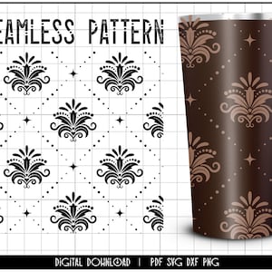 May include: A seamless pattern featuring a black and white damask design with small white stars on a white background. The pattern is shown on a brown tumbler.