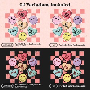 May include: Four variations of Valentine's Day themed graphics, including distressed and flat styles. The graphics feature hearts with text like "Love You", "Be Mine", "XOXO", and "You & Me", as well as smiley faces with hearts for eyes. The graphics are on a pink and white checkered background.