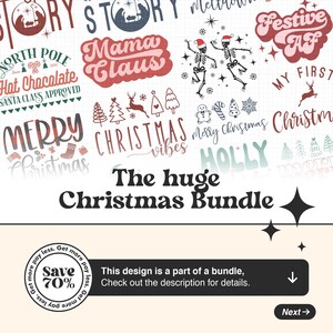 K&ouml;nnte beinhalten: Ein digitaler Download eines Weihnachtspakets mit einer Vielzahl von festlichen Designs. Die Designs beinhalten Texte wie "Frohe Weihnachten", "Weihnachts-Vibes", "Festive AF" und "Mein erstes Weihnachten". Das Paket ist zu 70% reduziert erh&auml;ltlich.