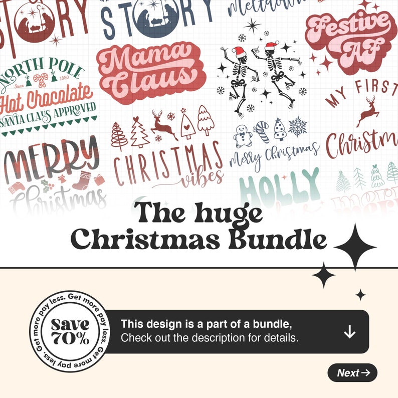 K&ouml;nnte beinhalten: Ein digitaler Download eines Weihnachtspakets mit einer Vielzahl von festlichen Designs. Die Designs beinhalten Texte wie "Frohe Weihnachten", "Weihnachts-Vibes", "Festive AF" und "Mein erstes Weihnachten". Das Paket ist zu 70% reduziert erh&auml;ltlich.