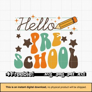 Hello Pre-School SVG, Back to School, Retro wavy Design, Pencil SVG, Pre-School png, Pre School PNG, Pre School svg, sublimation design, dxf