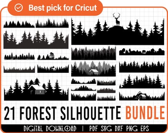 May include: A set of 21 black and white forest silhouette designs, including trees, cabins, and a deer. The text "21 FOREST SILHOUETTE BUNDLE" is at the bottom of the image. The text "DIGITAL DOWNLOAD | PDF SVG DXF PNG EPS" is at the bottom of the image.