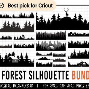 Forest Tree Silhouette SVG Bundle, Layered cut files, pine trees, tumbler wrap sublimation, cricut, camping, mountain, hunting, deer, woods