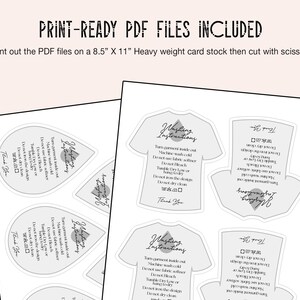 May include: Four printable clothing care labels with a gray background and black text. The labels are shaped like a teardrop, a t-shirt, and a square. The text on the labels includes washing instructions, such as "Turn garment inside out", "Machine wash cold", "Do not bleach", "Do not use fabric softener", "Tumble dry low", "Hang dry", "Do not iron the design", and "Do not dry clean". The labels also include the text "Washing Instructions" and "Thank You".