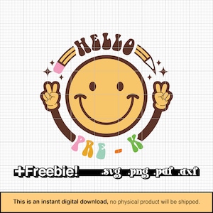 Hello Pre-K SVG, Back to School, Retro Smiley Face, Pencil SVG, Pre-K png, Pre k PNG, Pre k svg, sublimation design, dxf