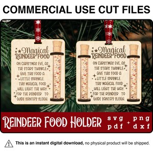 May include: A wooden ornament shaped like a reindeer food holder with a glass vial filled with red and white sprinkles. The ornament has the text "Magical Reindeer Food" and a poem about reindeer food on Christmas Eve.