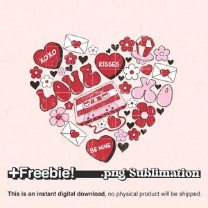 Love Valentine&#39;s Day heart Png Sublimation, Cute Valentine&#39;s Day Png, Heart Sublimation, Conversation Hearts, XOXO, Love Songs, Floral