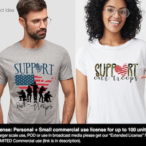 May include: Two t-shirts with a patriotic design featuring a heart-shaped American flag and the text "SUPPORT our troops".