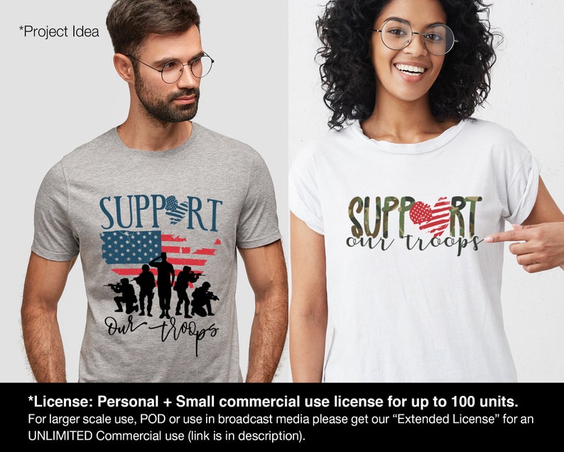 May include: Two t-shirts with a patriotic design featuring a heart-shaped American flag and the text "SUPPORT our troops".