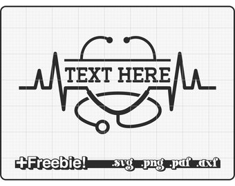 May include: Black and white graphic design of a stethoscope with a heart beat line and the text "TEXT HERE" in the center.