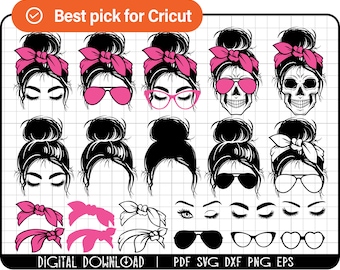 Messy Bun Bundle svg, Momlife svg, Mom Life svg, mamá cráneo svg, Mamá vida Kid Life Png, mamá e hija svg, gafas svg,Cricut & Silhouette