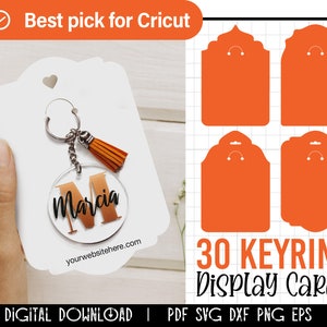 Pacote Svg de cartão de exibição de 30 chaveiros, modelo de cartão de exibição de chaveiro, embalagem de chaveiro, etiqueta de chaveiro, porta-chaves svg, arquivos cortados cricut