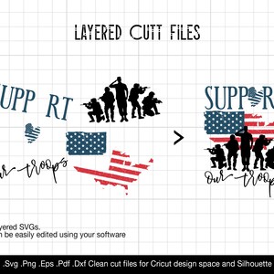 May include: Support our troops graphic design with a silhouette of soldiers in front of a distressed American flag. The design includes the words "Support Our Troops" and a heart-shaped American flag.