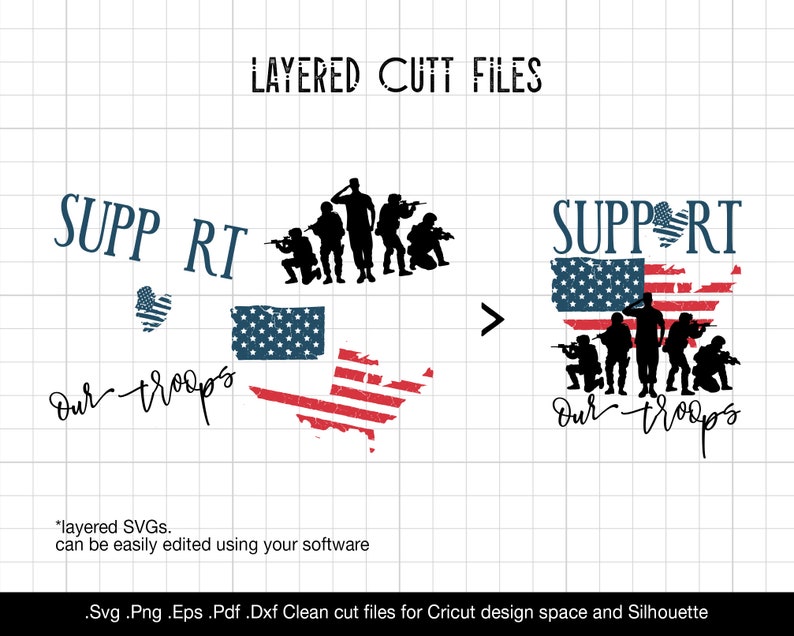 May include: Support our troops graphic design with a silhouette of soldiers in front of a distressed American flag. The design includes the words "Support Our Troops" and a heart-shaped American flag.