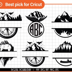 May include: A set of 10 black and white SVG cut files featuring mountain, compass, and monogram designs. The designs are perfect for creating personalized crafts and projects.