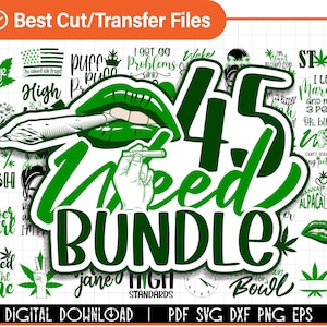 Può includere: Un pacchetto di download digitale di 45 file di taglio SVG, DXF, PNG ed EPS a tema erba. Il pacchetto include design con frasi come "Stoned to the Bone", "I Got 99 Problems and Weed is One", "High as a Kite" e "420% Irish".