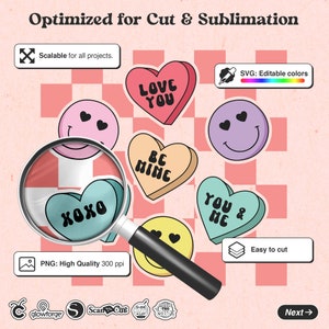 May include: A set of six Valentine's Day themed digital cut files. The files include a heart with the text "Love You", a heart with the text "Be Mine", a heart with the text "You & Me", a smiley face with hearts for eyes, a smiley face with hearts for eyes, and a heart with the text "XOXO". The files are optimized for cutting and sublimation.