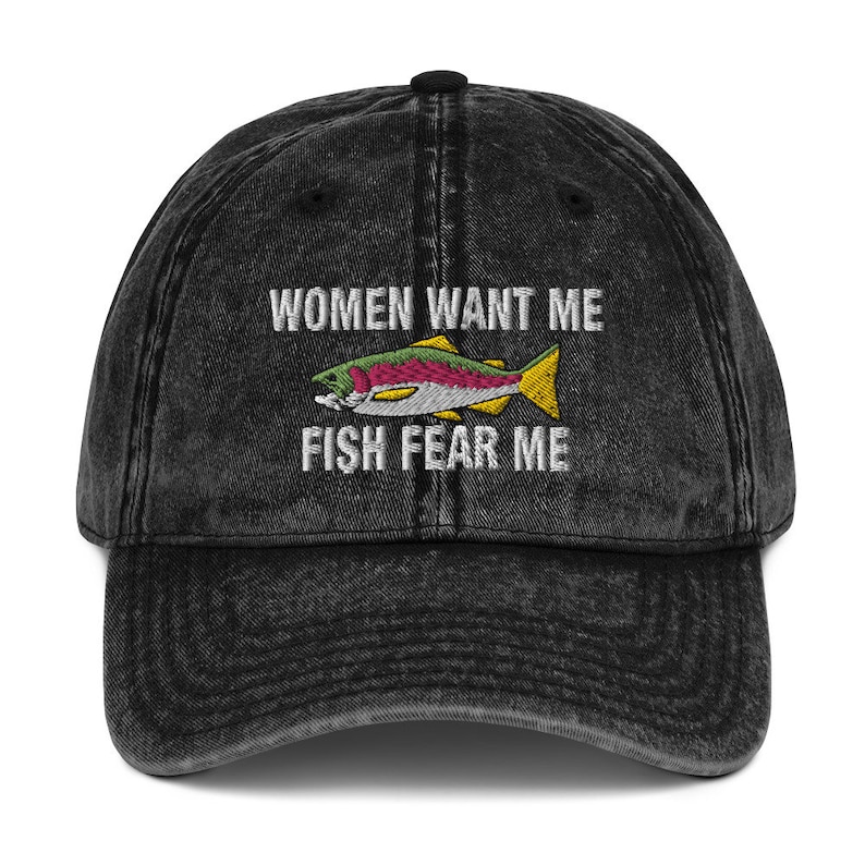 Women Want Me - Fish Fear Me - Embroidered Vintage Style Cotton Twill Cap 