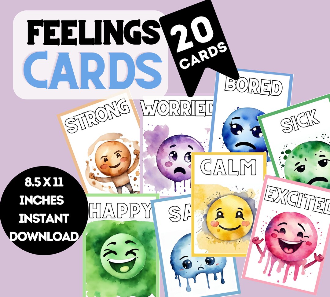Feelings and Emotions Flashcards, Watercolour Emojis, Feelings Matter Emotions Flash Cards Kids