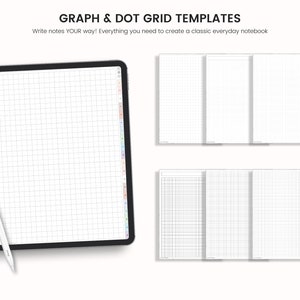 May include: A digital tablet displaying a grid template for note-taking. The template is a graph paper design with a white background and black lines. The tablet is on a white surface with a white stylus next to it.