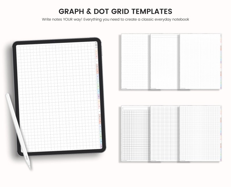 May include: A digital tablet displaying a grid template for note-taking. The template is a graph paper design with a white background and black lines. The tablet is on a white surface with a white stylus next to it.