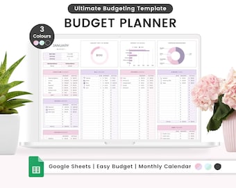 May include: A laptop computer displaying a spreadsheet with a budget planner template. The spreadsheet is titled "January Budget" and includes sections for income, expenses, and savings. The template is designed to be used with Google Sheets. The text "Ultimate Budgeting Template" and "Budget Planner" is displayed at the top of the image. The image also includes a colour palette of three colours: pink, light blue, and black.