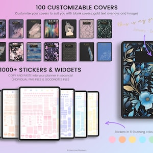 May include: A digital planner with 100 customizable covers, 1000+ stickers and widgets, and stickers in 6 stunning colors. The planner features a floral design with blue and gold accents. The text "This is my year" and "January - December" is written in gold on the cover.