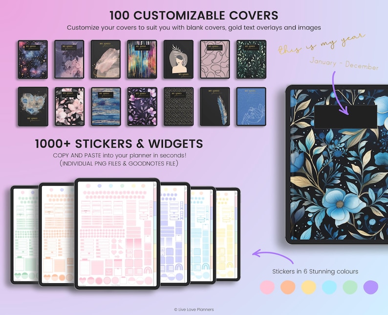 May include: A digital planner with 100 customizable covers, 1000+ stickers and widgets, and stickers in 6 stunning colors. The planner features a floral design with blue and gold accents. The text "This is my year" and "January - December" is written in gold on the cover.