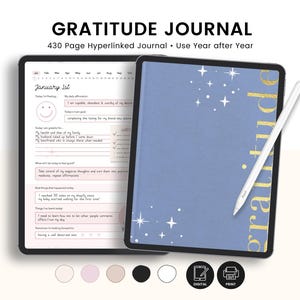 Dziennik wdzięczności, codzienne podpowiedzi do afirmacji, dziennik uważności, śledzenie zdrowia psychicznego i dbania o siebie dla Goodnotes na iPada i Androida (PDF)