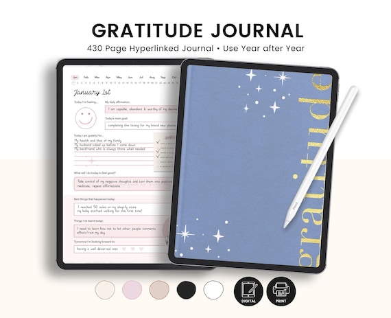 Gratitude Journal, Daily Affirmation Prompts, Mindfulness Journal, Self Care Mental Health Tracker For Goodnotes iPad and Android PDF