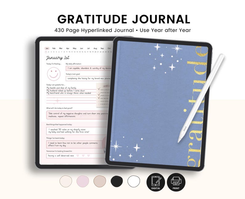 Gratitude Journal, Daily Affirmation Prompts, Mindfulness Journal, Self Care Mental Health Tracker For Goodnotes iPad and Android PDF image 1