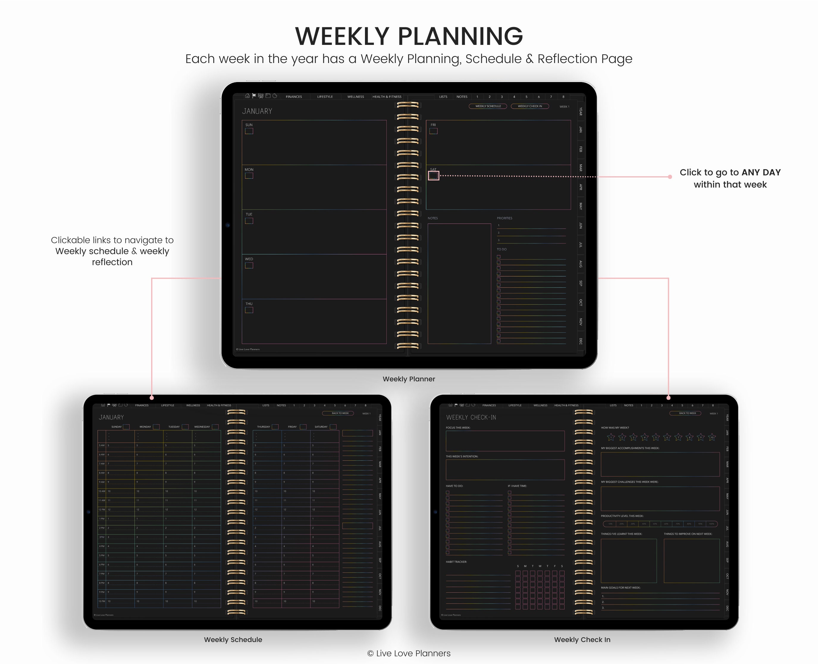 Dark Mode Digital Planner: Hyperlinked, Undated (landscape) - Etsy