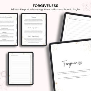 May include: A digital printable worksheet with a gold and white celestial design. The worksheet is titled "Forgiveness" and includes sections on how to write a forgiveness letter, how to forgive someone, and how to forgive yourself.