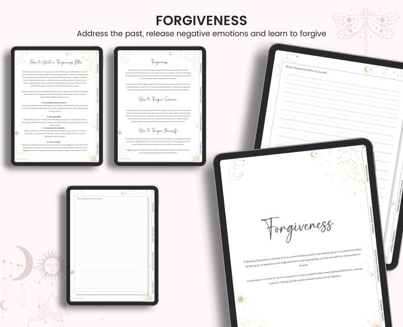 May include: A digital printable worksheet with a gold and white celestial design. The worksheet is titled "Forgiveness" and includes sections on how to write a forgiveness letter, how to forgive someone, and how to forgive yourself.
