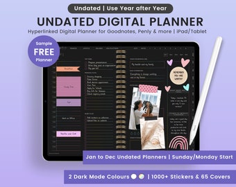Undated Dark Mode Digital Planner, Undated Digital Planner, Dark Mode Planner, Hyperlinked Digital Planner,Undated Digital Landscape Planner