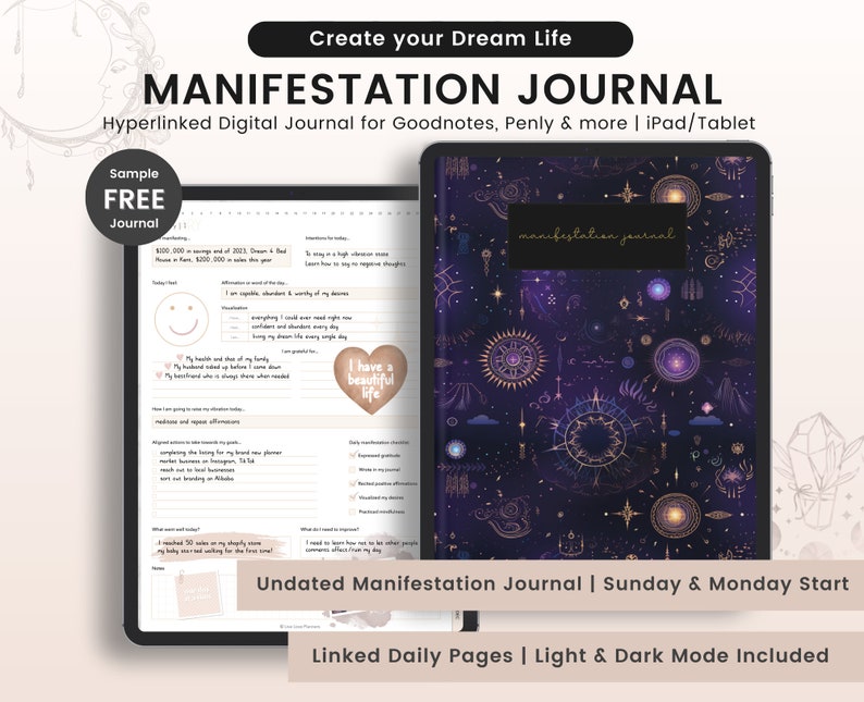 Manifestation Journal, Digital Manifestation Journal, Law of Attraction Journal, Gratitude, Shadow Work, Vision Board, Mindfulness journal