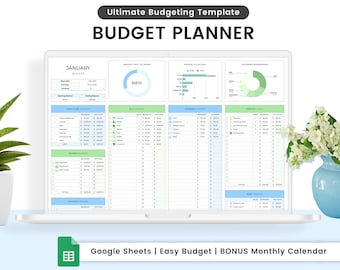 May include: A laptop screen displaying a budget planner template in Google Sheets. The template includes sections for income, expenses, and savings, as well as charts and graphs to visualise financial data. The template is titled "Ultimate Budgeting Template" and "BUDGET PLANNER". The month of January is highlighted. The text "Google Sheets | Easy Budget | BONUS Monthly Calendar" is displayed at the bottom of the screen.