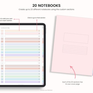 May include: A digital planner app interface with 20 customisable sections, each with its own cover page. The app allows users to create up to 20 different notebooks. The interface is displayed on a tablet with a pink background and a white border.