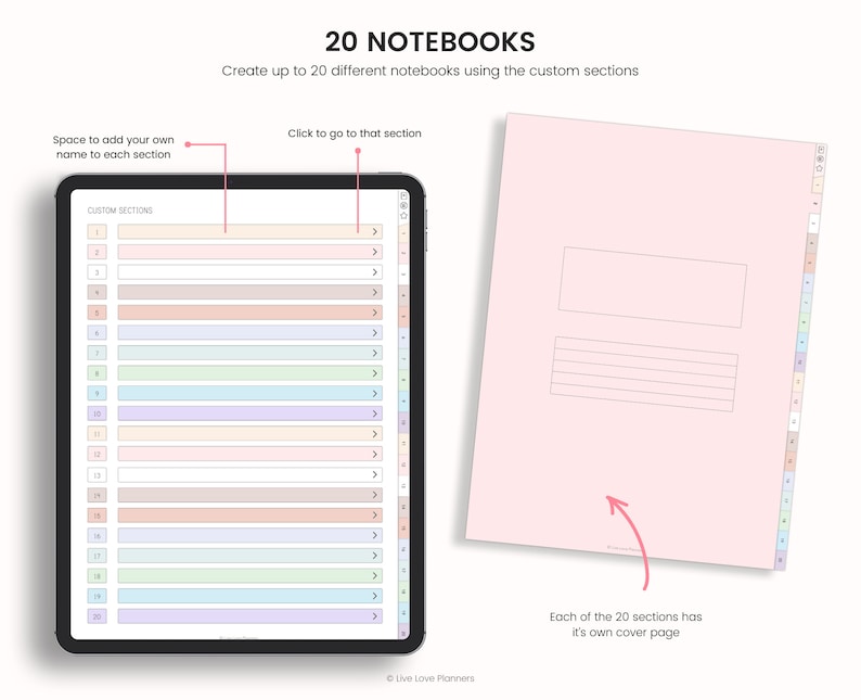 May include: A digital planner app interface with 20 customisable sections, each with its own cover page. The app allows users to create up to 20 different notebooks. The interface is displayed on a tablet with a pink background and a white border.