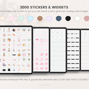 May include: A digital collection of 3000 stickers and widgets displayed on five tablet screens. The set includes various icons, blank covers, and gold text overlays. The text 3000 STICKERS & WIDGETS and Receive individual PNG files & goodnotes elements files appears.