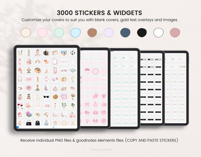 May include: A digital collection of 3000 stickers and widgets displayed on five tablet screens. The set includes various icons, blank covers, and gold text overlays. The text 3000 STICKERS & WIDGETS and Receive individual PNG files & goodnotes elements files appears.