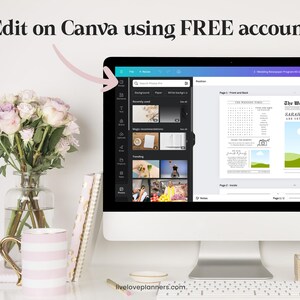 May include: A computer screen shows a wedding newspaper template being edited in Canva. A bouquet of flowers, a striped mug, and a notebook are on the desk. The text "Edit on Canva using FREE account" is visible. The design includes text and graphics.