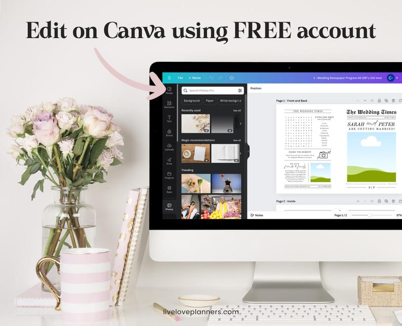 May include: A computer screen shows a wedding newspaper template being edited in Canva. A bouquet of flowers, a striped mug, and a notebook are on the desk. The text "Edit on Canva using FREE account" is visible. The design includes text and graphics.