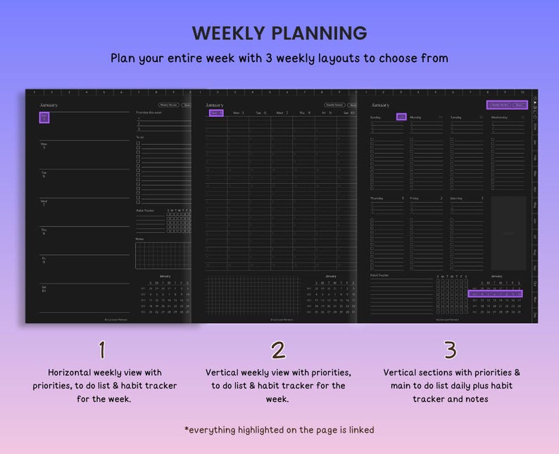 2026 Digital Planner, 2026 Journal, Dark Mode Digital Planner for 2026, 2026 Diary dark Screen, Portrait Planner, Goodnotes, iPad and Tablet image 6