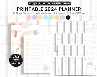 Druckbarer Planer 2024 - Tages-, Wöchentlich, Monatsplaner, Digitaler Download, A4, Letter Größe - Printable Planner Bundle, Planer PDF für 2024