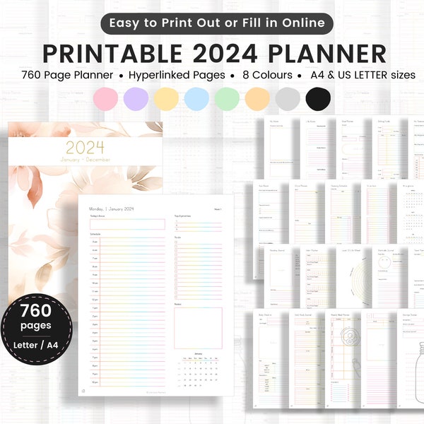 2024 Planner Printable - Daily, Weekly, Monthly Planner - Digital Download, A4, Letter Size - Printable Planner Bundle, 2024 Planner PDF