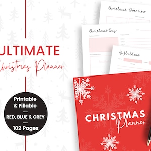 Peut inclure: Un planificateur de Noël rouge avec des flocons de neige blancs et le texte "CHRISTMAS Planner". Le planificateur comporte 102 pages et est imprimable et remplissable en rouge, bleu et gris.