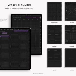 May include: A black and white digital planner with a yearly calendar spread, important dates, life goals, year reset, finances, vision, and vision board sections. The planner is designed for mapping out an entire year.