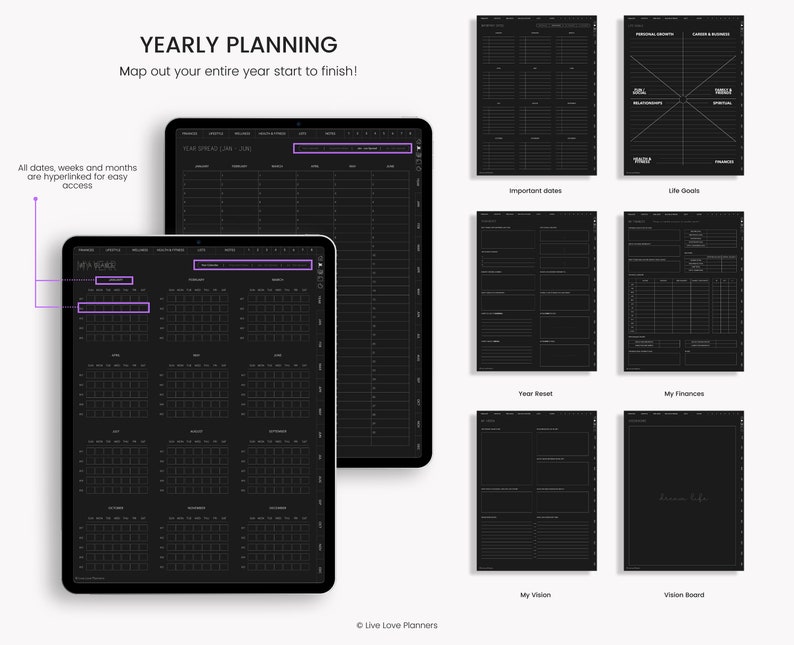 May include: A black and white digital planner with a yearly calendar spread, important dates, life goals, year reset, finances, vision, and vision board sections. The planner is designed for mapping out an entire year.