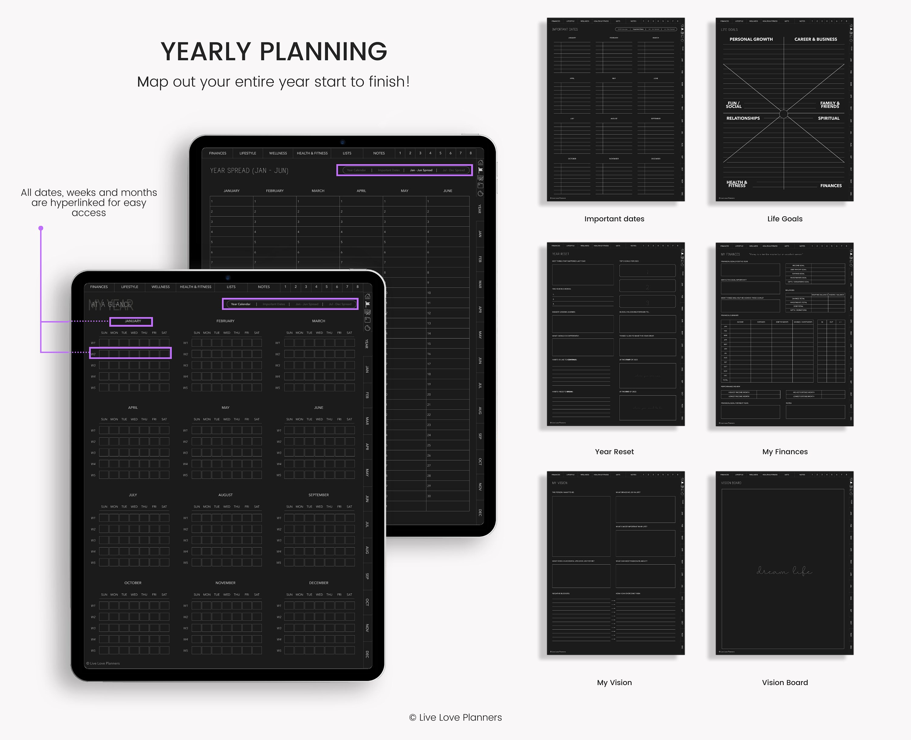 Dark Mode Undated Digital Planner: Hyperlinked Portrait Planner ...